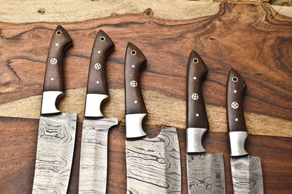 Lot of 5 Handmade Hammered Damascus Steel Blade Chef Knife Set – Professional Knives