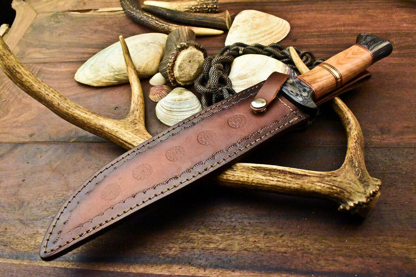 Custom Damascus Steel Bowie Knife – Olive Wood Handle, 15.5" Hunting Blade