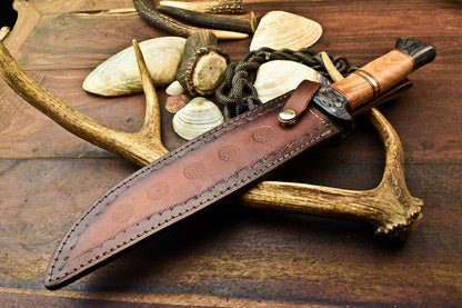Custom Damascus Steel Bowie Knife – Olive Wood Handle, 15.5" Hunting Blade