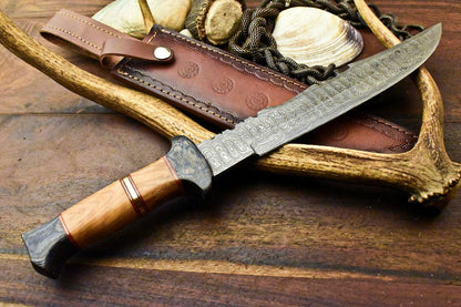 15.5" Damascus Bowie Hunting Knife – Olive Wood Handle with Leather Sheath