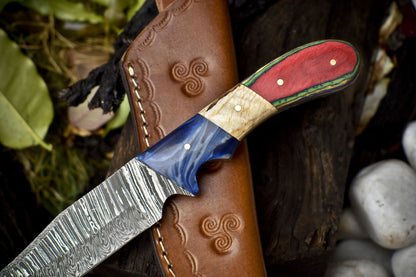 9.5" Twist Damascus Skinner Knife Hardwood Handle Wooden Bolster Fishing Tool