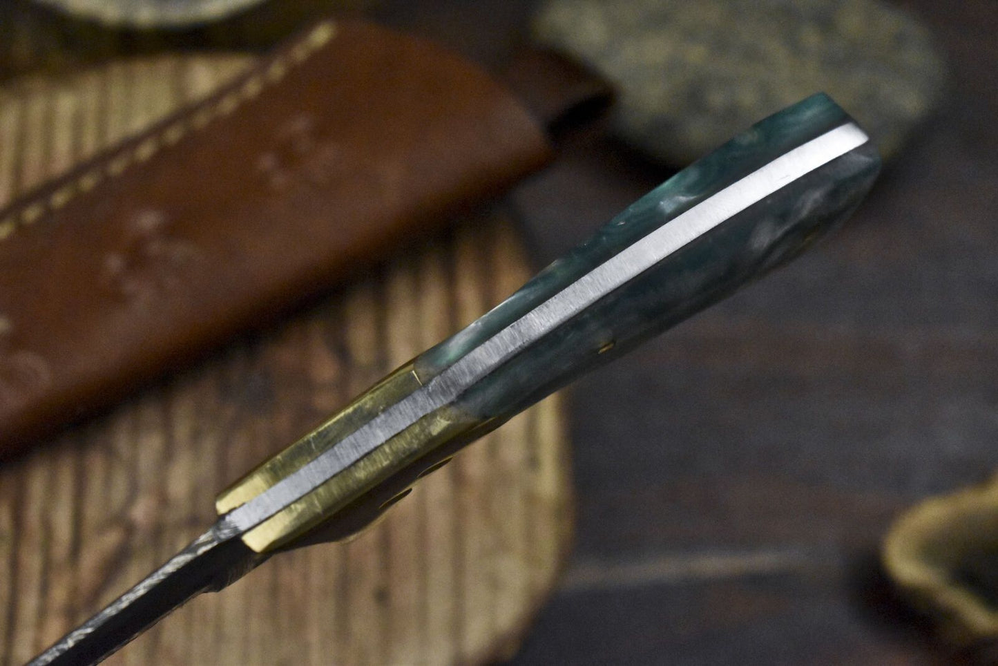 8" Twist Damascus Skinner Knife with Corian Handle and Brass Guard for Camping Closeout