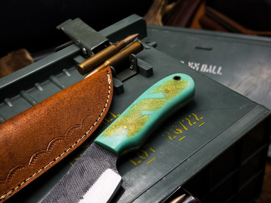 Heritage Forge 1095 Carbon Steel Hunting Knife with Epoxy Resin Handle and Leather Sheath