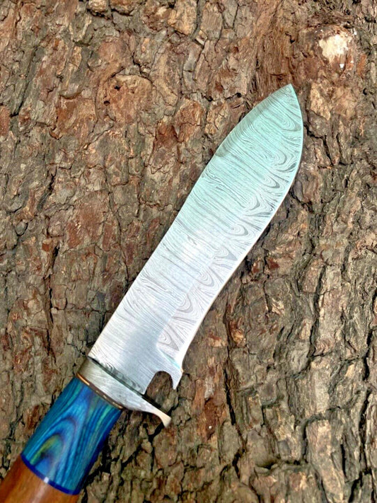 Custom Hand Forged Damascus Steel Camping Hunting Outdoor Fishing Bowie Knife with Leather Sheath