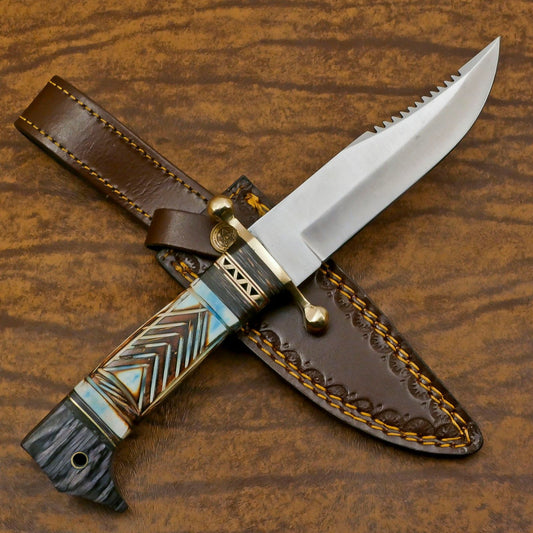 Handmade 12 Inch D2 Steel Bowie Outdoor Hunting Knife – Engraved Bone Handle, Full Tang Survival Bla
