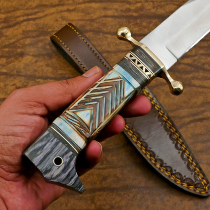 Handmade 12 Inch D2 Steel Bowie Outdoor Hunting Knife – Engraved Bone Handle, Full Tang Survival Bla