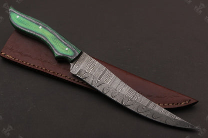 13" Handmade Damascus Fillet Knife Custom Fillet Knife With Pakka Wood Handle & Sheath
