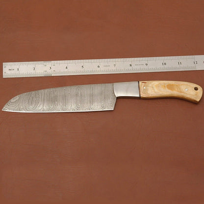 Damascus Steel Chef Knife – 12" Kitchen Knife with Wood Handle & Leather Sheath