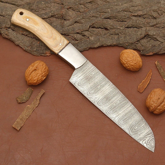 Damascus Steel Chef Knife – 12" Kitchen Knife with Wood Handle & Leather Sheath
