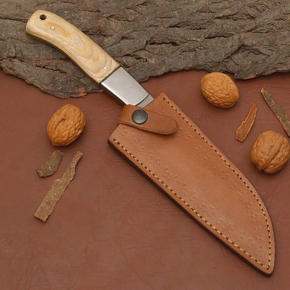 Damascus Steel Chef Knife – 12" Kitchen Knife with Wood Handle & Leather Sheath
