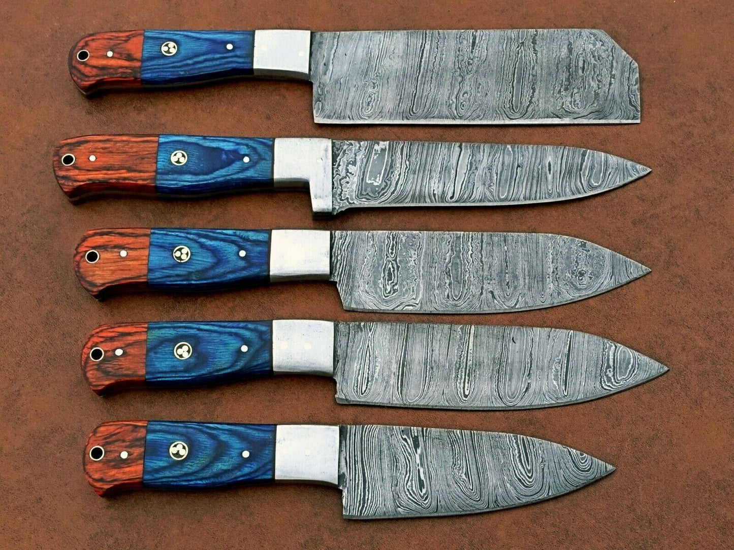 Handmade 5-Piece Damascus Chef Knife Set – Wood Handle, Sharp Edge, Gift for Her