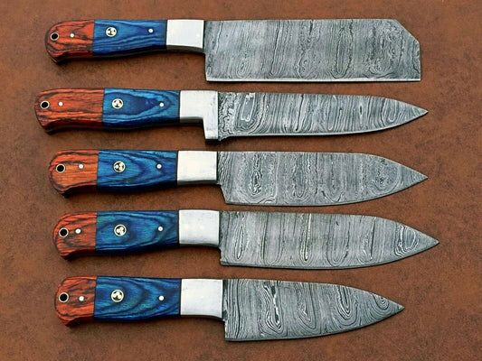 Handmade 5-Piece Damascus Chef Knife Set – Wood Handle, Sharp Edge, Gift for Her