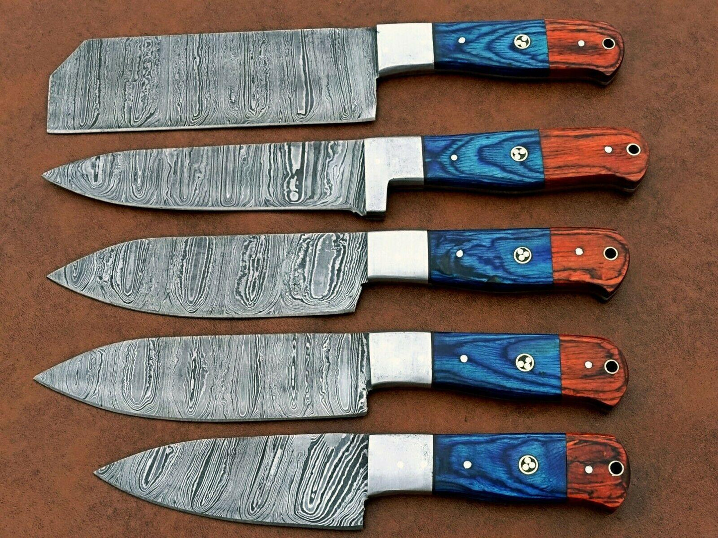 Handmade 5-Piece Damascus Chef Knife Set – Wood Handle, Sharp Edge, Gift for Her