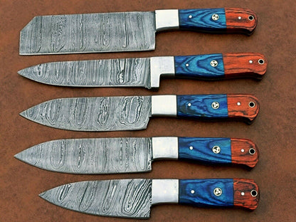 Handmade 5-Piece Damascus Chef Knife Set – Wood Handle, Sharp Edge, Gift for Her