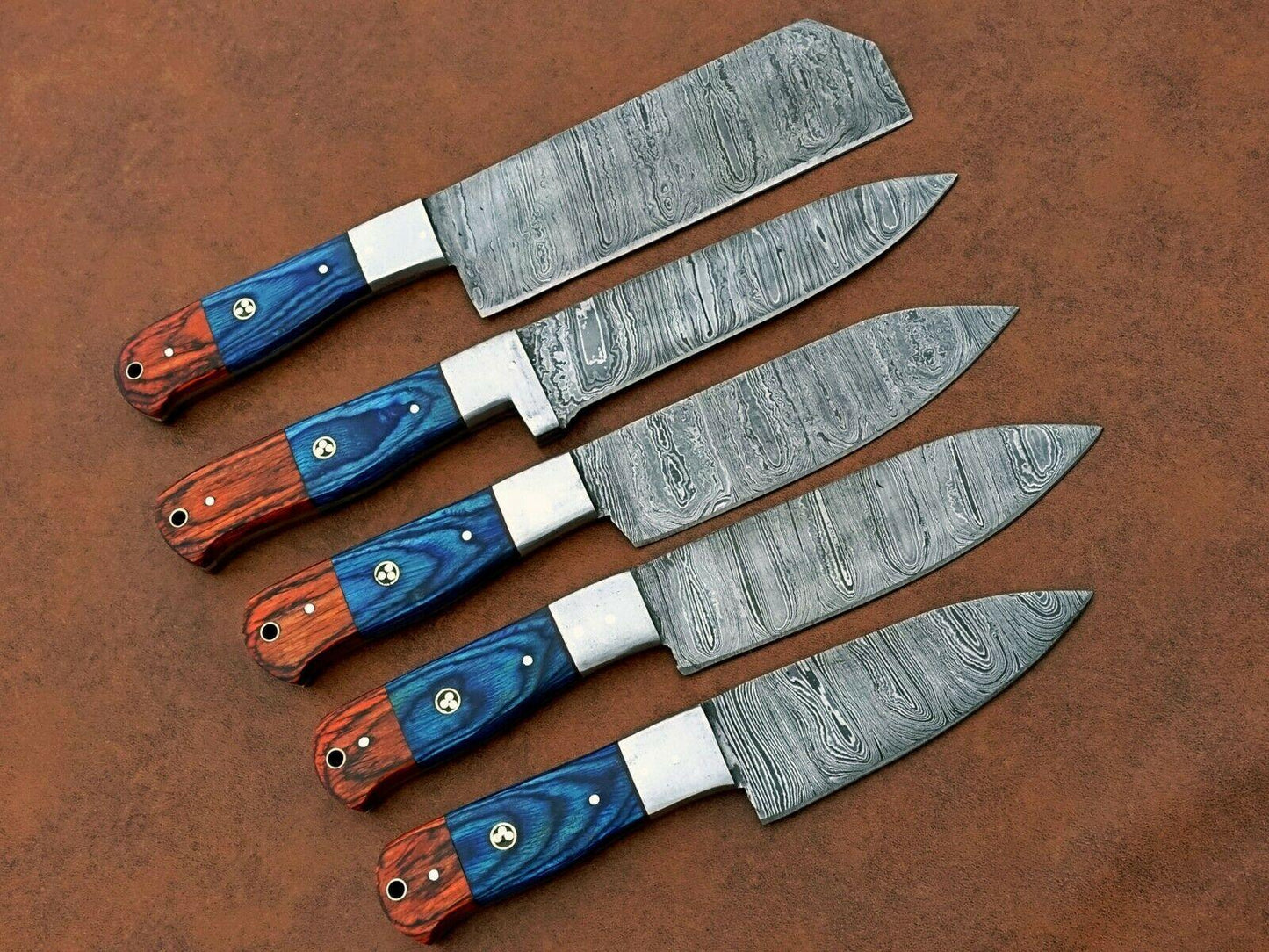Handmade 5-Piece Damascus Chef Knife Set – Wood Handle, Sharp Edge, Gift for Her
