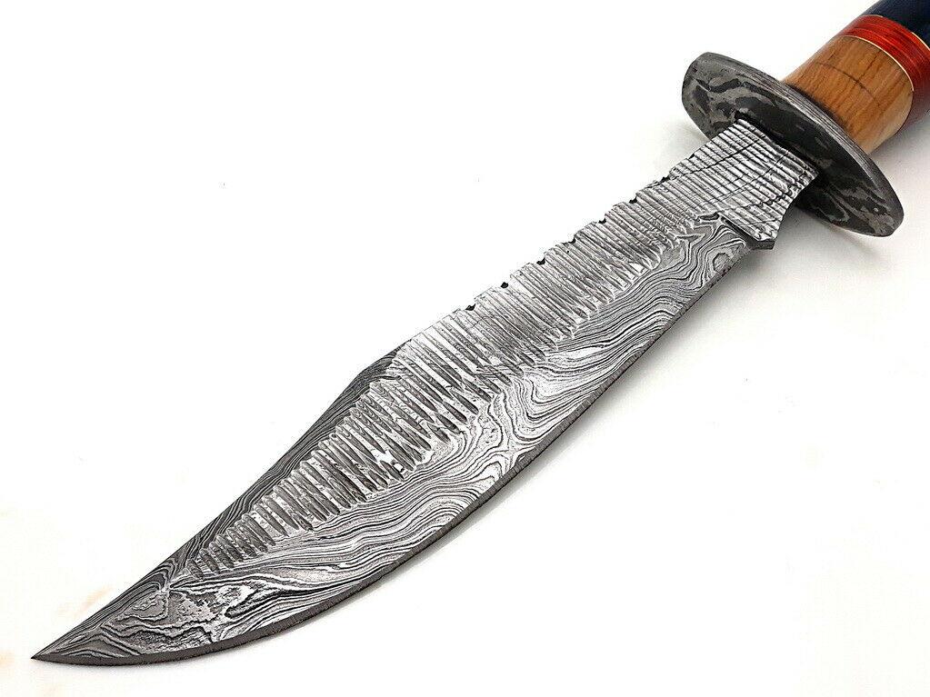 14" Handmade Damascus Bowie Knife with Hardwood Handle & Leather Sheath