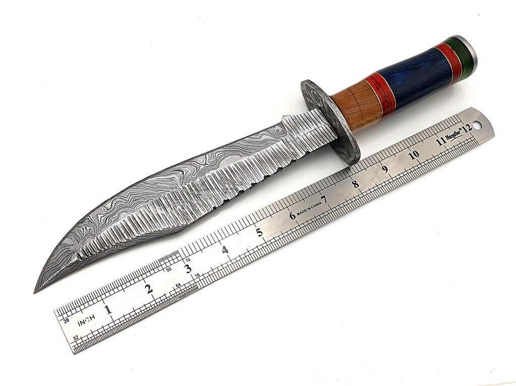 14" Handmade Damascus Bowie Knife with Hardwood Handle & Leather Sheath