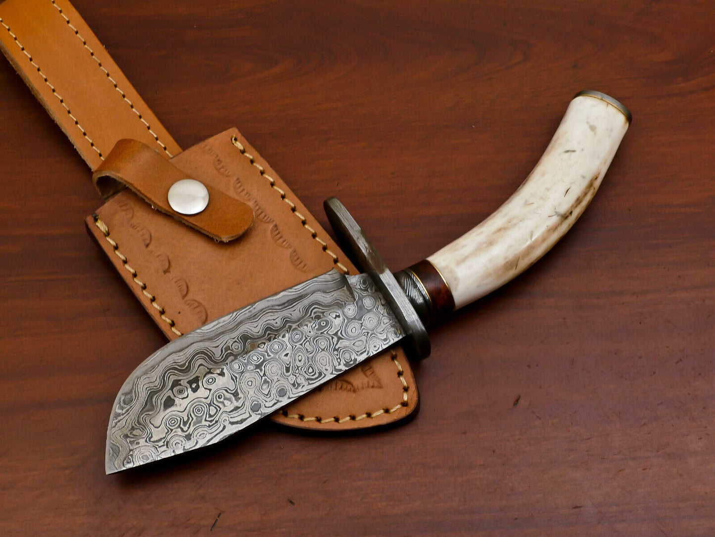 Heritage Forge 9.5" Damascus Hunting Knife with Stag Antler and Pakka Wood Handle