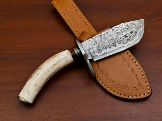 Heritage Forge 9.5" Damascus Hunting Knife with Stag Antler and Pakka Wood Handle