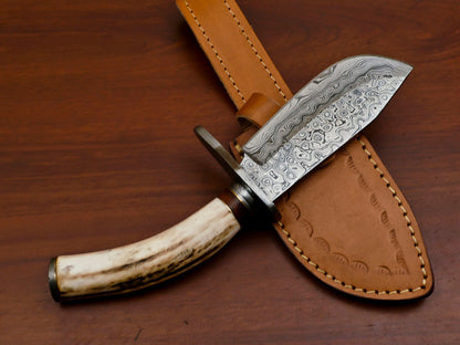 Heritage Forge 9.5" Damascus Hunting Knife with Stag Antler and Pakka Wood Handle
