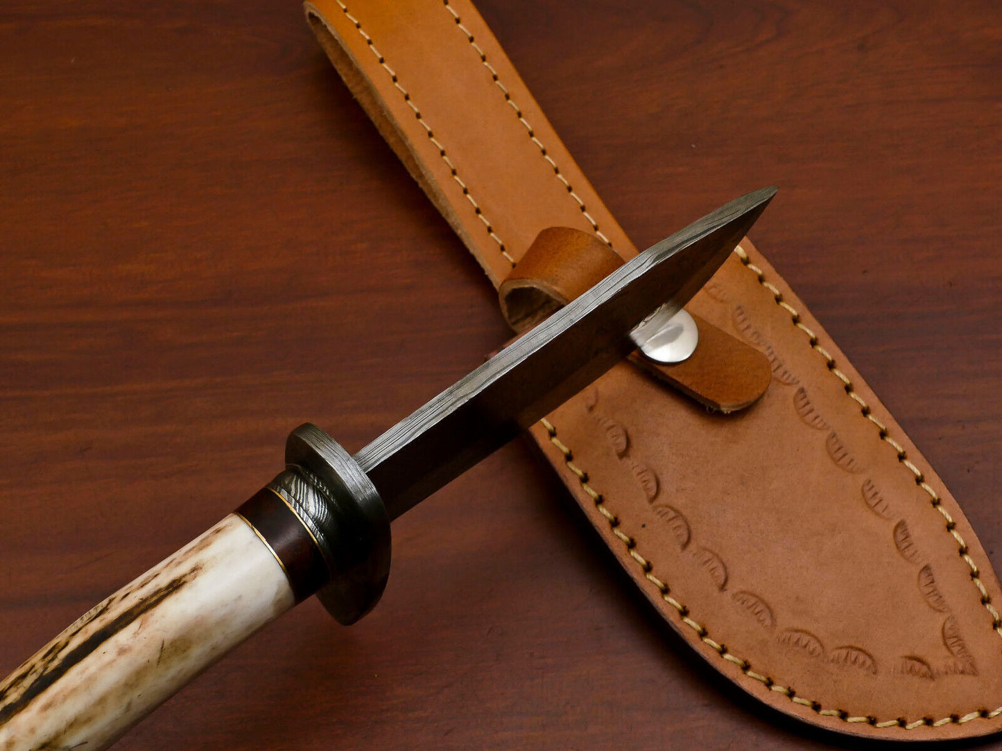 Heritage Forge 9.5" Damascus Hunting Knife with Stag Antler and Pakka Wood Handle