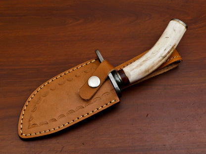 Heritage Forge 9.5" Damascus Hunting Knife with Stag Antler and Pakka Wood Handle
