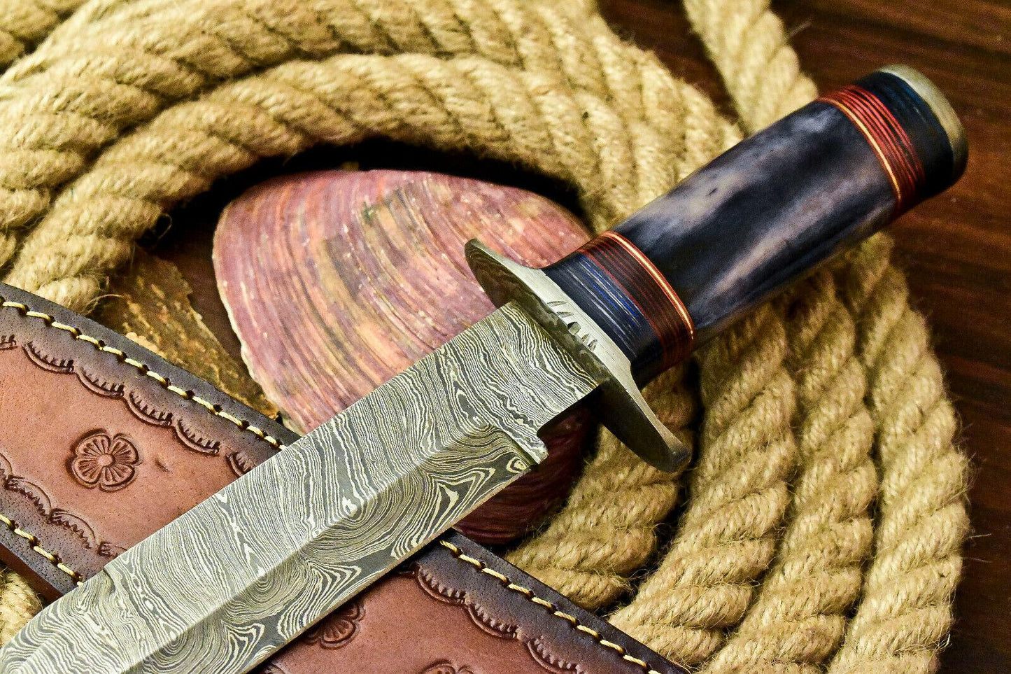 Custom Handmade Damascus Steel Bowie Hunting Knife | Stained Camel Bone Handle