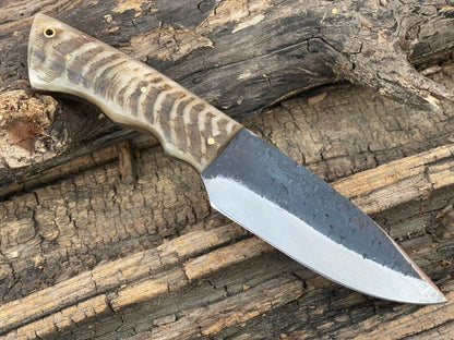 Hand Forged High Carbon Steel Bowie Hunting Knife | Ram Horn Handle | Leather Sheath