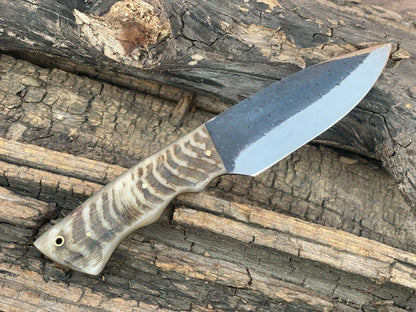 Hand Forged High Carbon Steel Bowie Hunting Knife | Ram Horn Handle | Leather Sheath