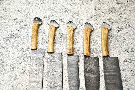 Lot of 5 Handmade Damascus Steel Chef Knife Set | Hammered Full Tang Blades | Olive Wood Handle
