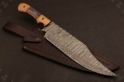 Heritage Forge 15 Inch Fire Damascus Steel Bowie Knife with Wood Handle for Hunting and Camping