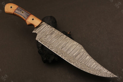 Heritage Forge 15 Inch Fire Damascus Steel Bowie Knife with Wood Handle for Hunting and Camping