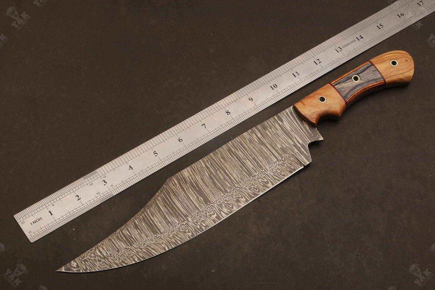 Heritage Forge 15 Inch Fire Damascus Steel Bowie Knife with Wood Handle for Hunting and Camping