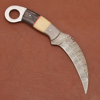 Custom Handmade Damascus Karambit Damascus Steel Karambit Knife with Wood & Bone Handle
