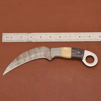 Custom Handmade Damascus Karambit Damascus Steel Karambit Knife with Wood & Bone Handle