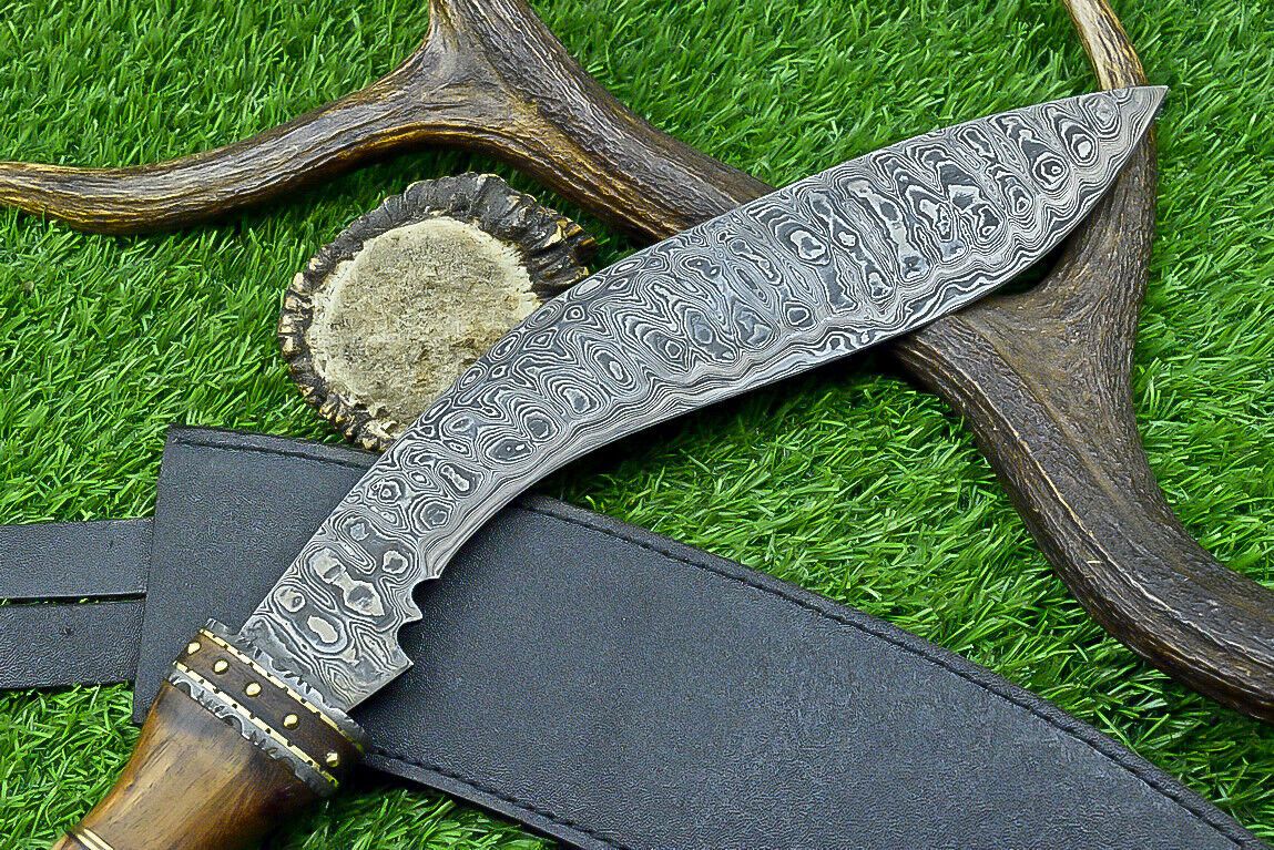 17 Inch Custom Forged Damascus Steel Bowie Knife with Natural Wood Handle