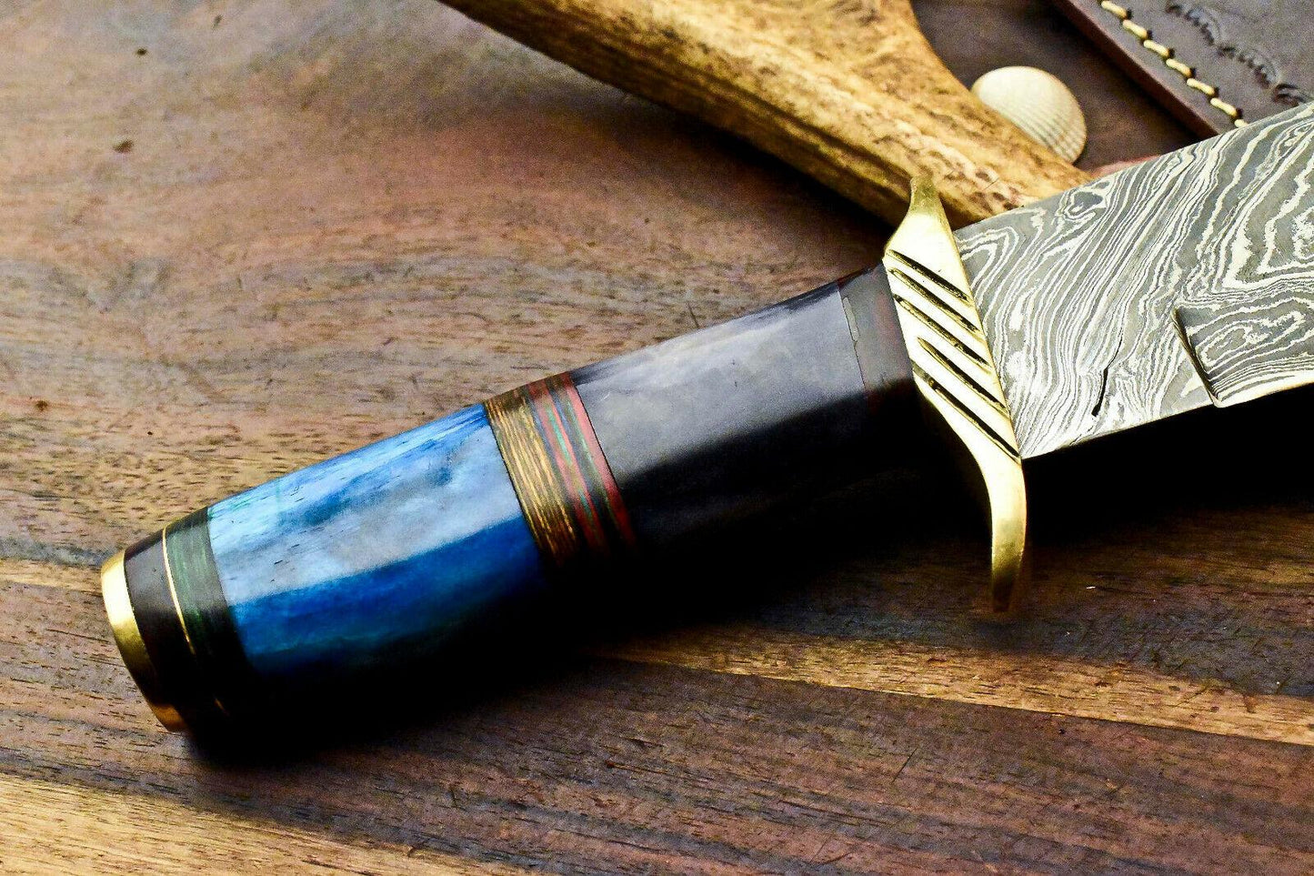 Custom Damascus Bowie Knife – 13.5" Camel Bone Handle with Leather Sheath