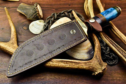 13.5" Damascus Steel Bowie Knife | Camel Bone Handle with Leather Sheath