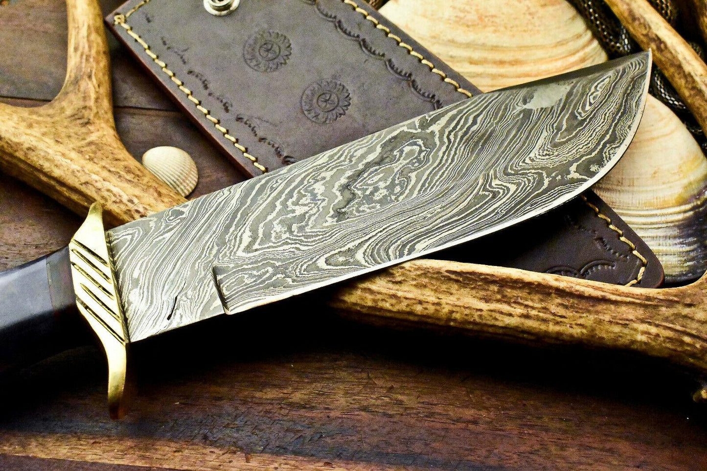 Custom Damascus Bowie Knife – 13.5" Camel Bone Handle with Leather Sheath