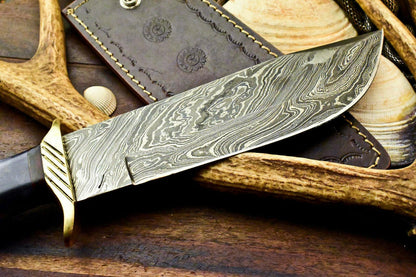 Custom Damascus Bowie Knife – 13.5" Camel Bone Handle with Leather Sheath