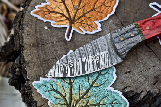 Hand Forged Twist Damascus Skinner Knife – Hardwood Handle with Wooden Bolster & Leather Sheath