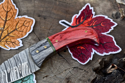 Hand Forged Twist Damascus Skinner Knife – Hardwood Handle with Wooden Bolster & Leather Sheath
