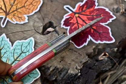 Hand Forged Twist Damascus Skinner Knife – Hardwood Handle with Wooden Bolster & Leather Sheath