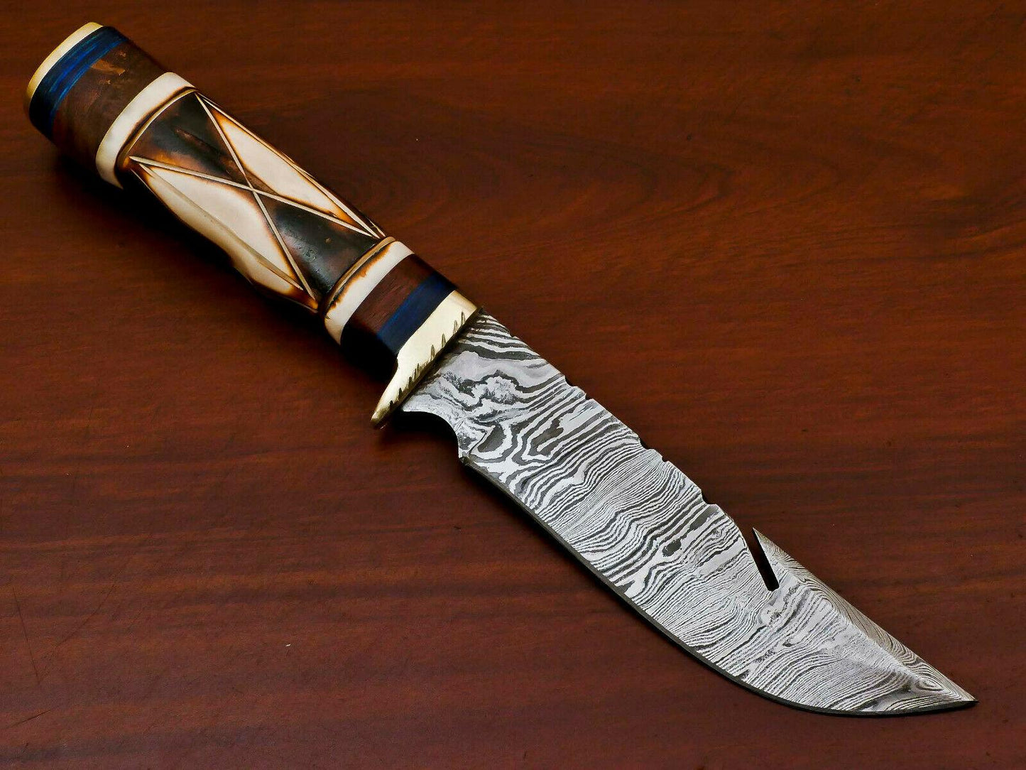 Handmade Damascus Custom Burn Camel Bone & Rose Wood Bowie Hunting Knife