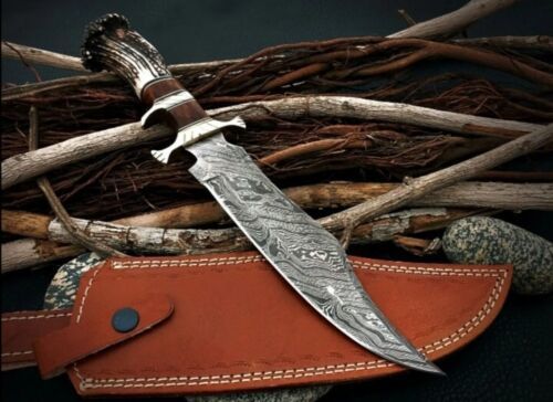 Heritage Forge 15 Inch Custom Damascus Steel Bowie Knife with Stag Antler Handle