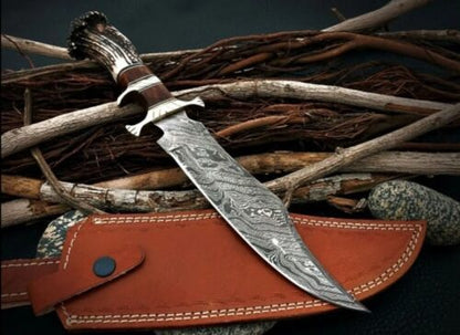 Heritage Forge 15 Inch Custom Damascus Steel Bowie Knife with Stag Antler Handle