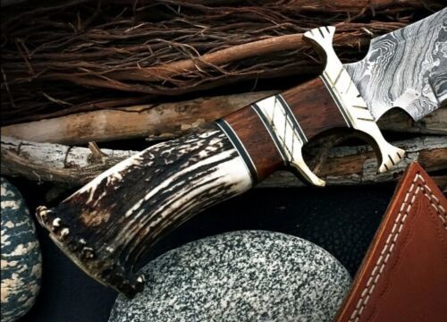 Heritage Forge 15 Inch Custom Damascus Steel Bowie Knife with Stag Antler Handle