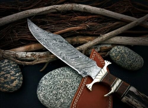 Heritage Forge 15 Inch Custom Damascus Steel Bowie Knife with Stag Antler Handle