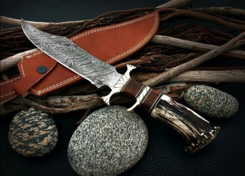 Heritage Forge 15 Inch Custom Damascus Steel Bowie Knife with Stag Antler Handle