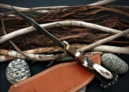 Heritage Forge 15 Inch Custom Damascus Steel Bowie Knife with Stag Antler Handle